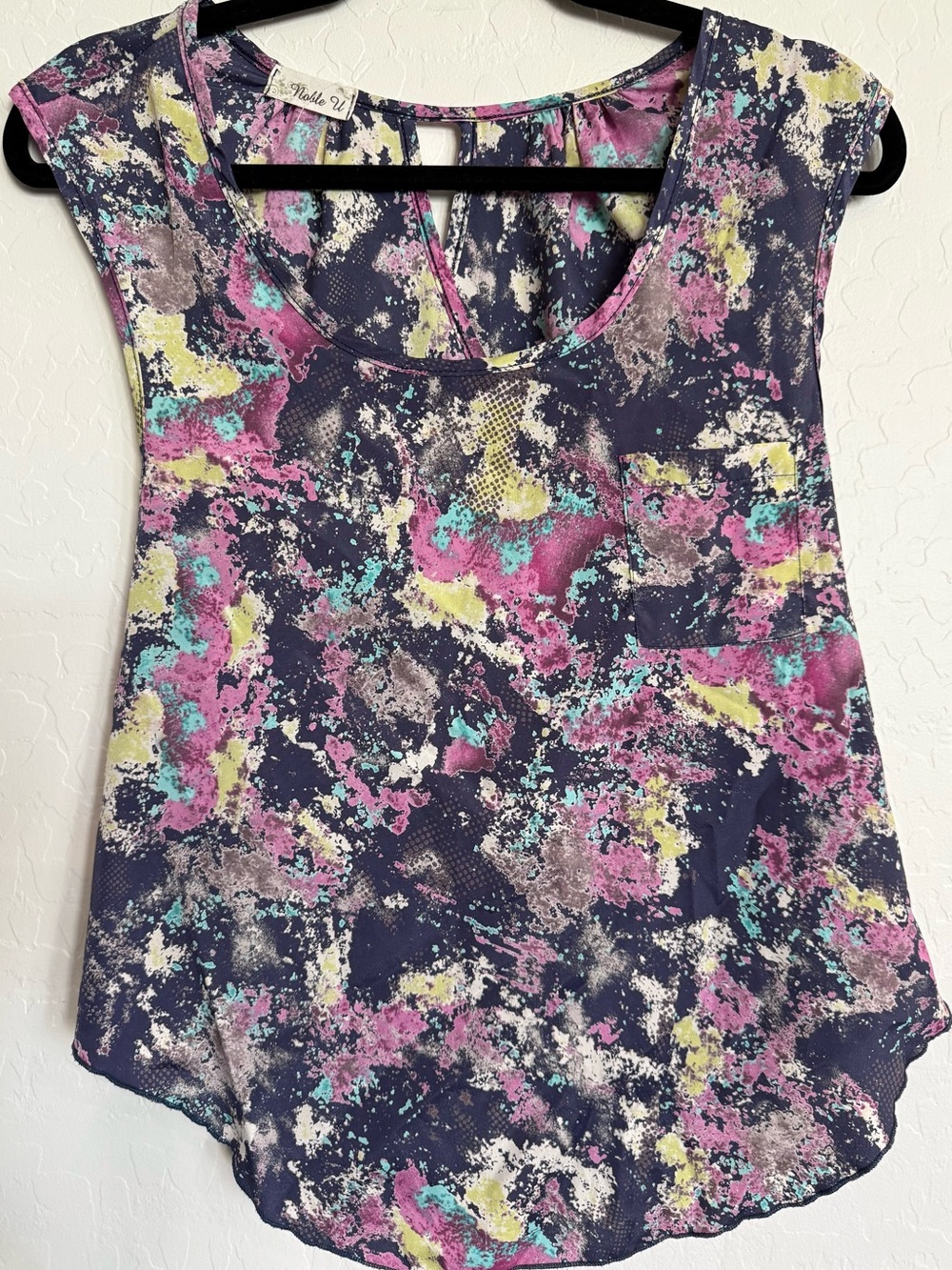 NOBLE U Abstract Watercolor Splatter Tank Top Size M Keyhole Criss Cross Back